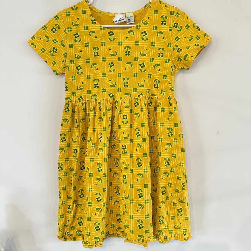 VTG Honors Yellow Floral Grid Babydoll Cotton Ruffle Hem Girls Large Sundress